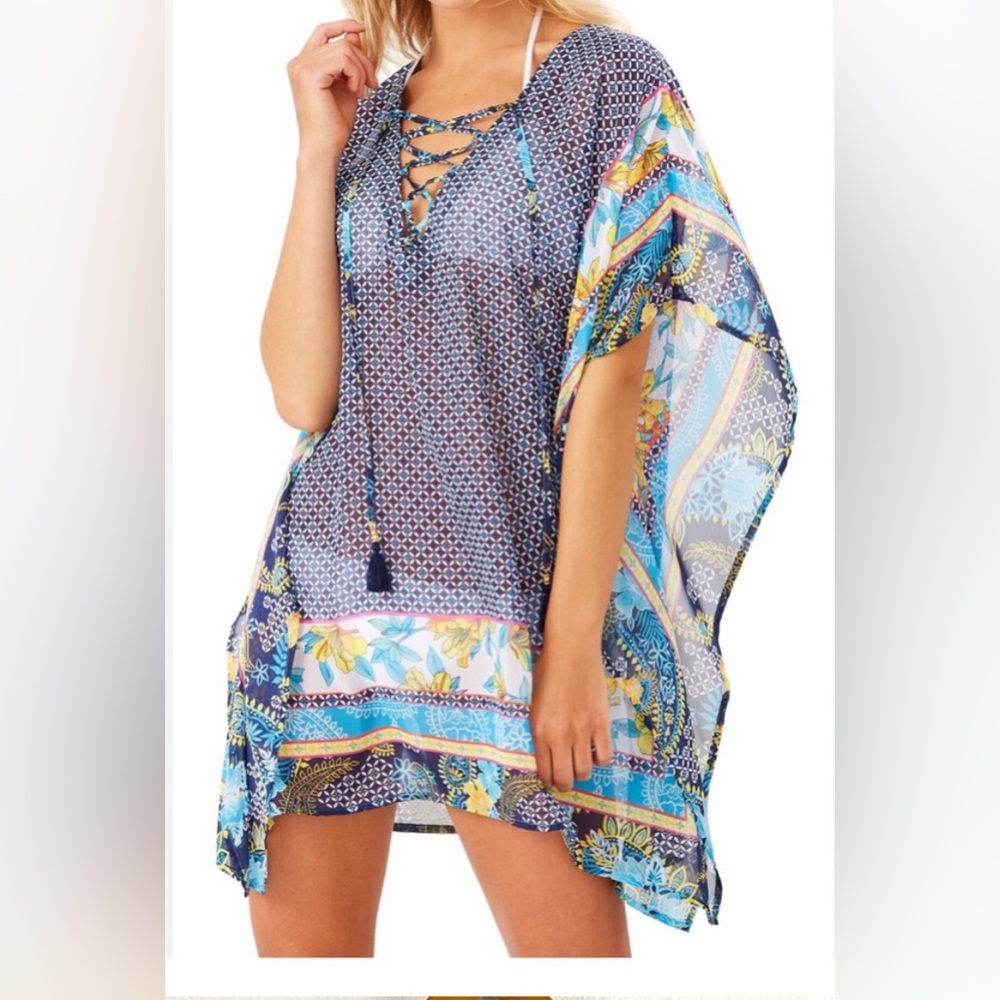 Tommy Bahama lace up beach tunic in sun lillies pattern - Picture 5 of 5